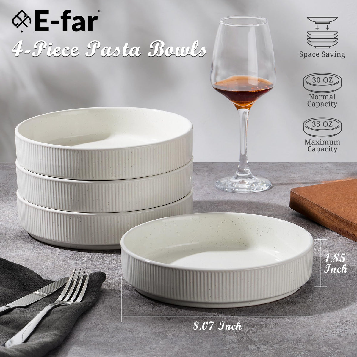Pasta Bowls Set of 4, 35oz Ceramic, White, 8" L21666