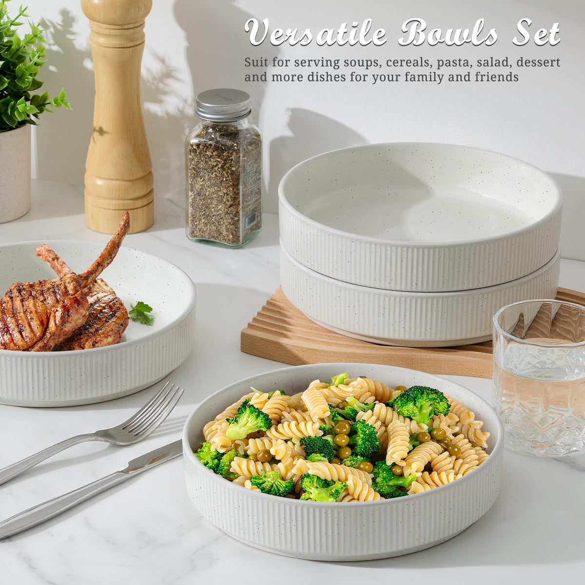 Pasta Bowls Set of 4, 35oz Ceramic, White, 8" L21666