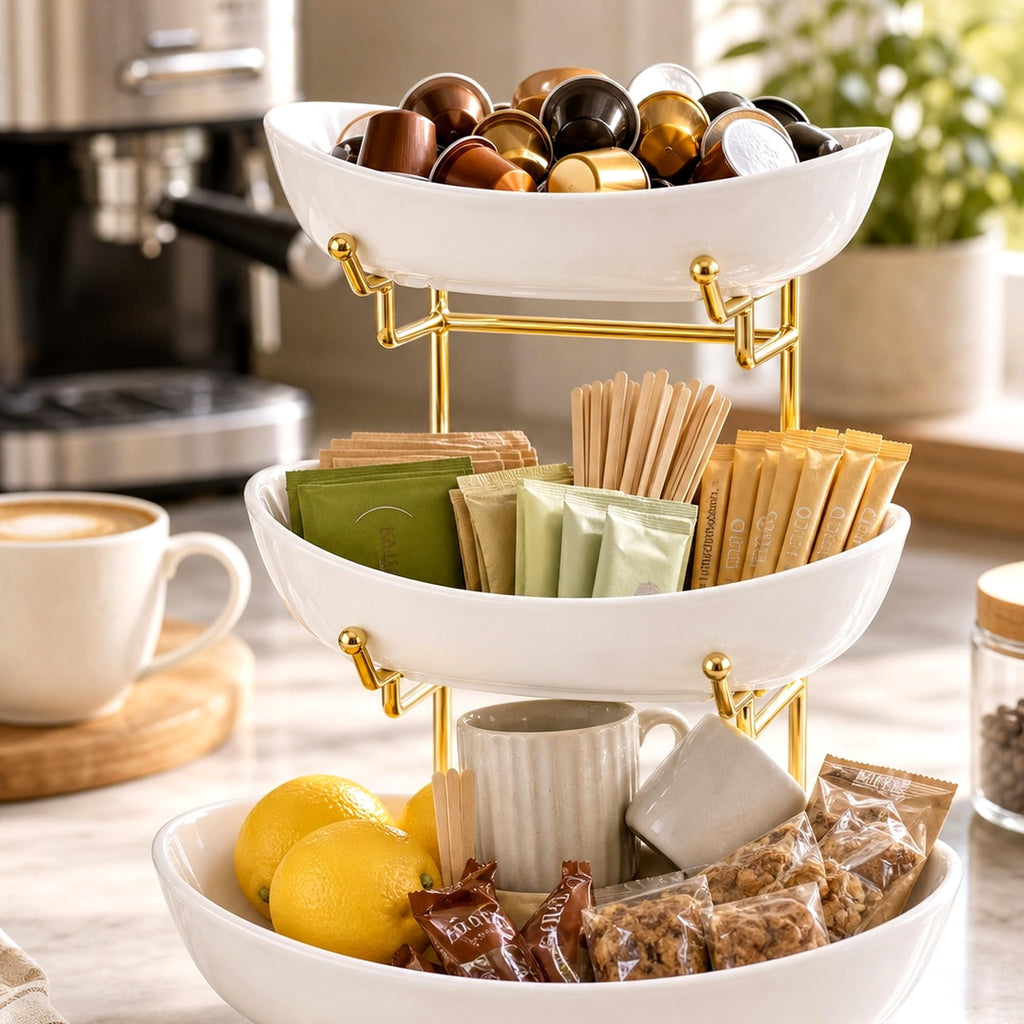 3 Tier Ceramic Fruit Basket with Gold Stand T598