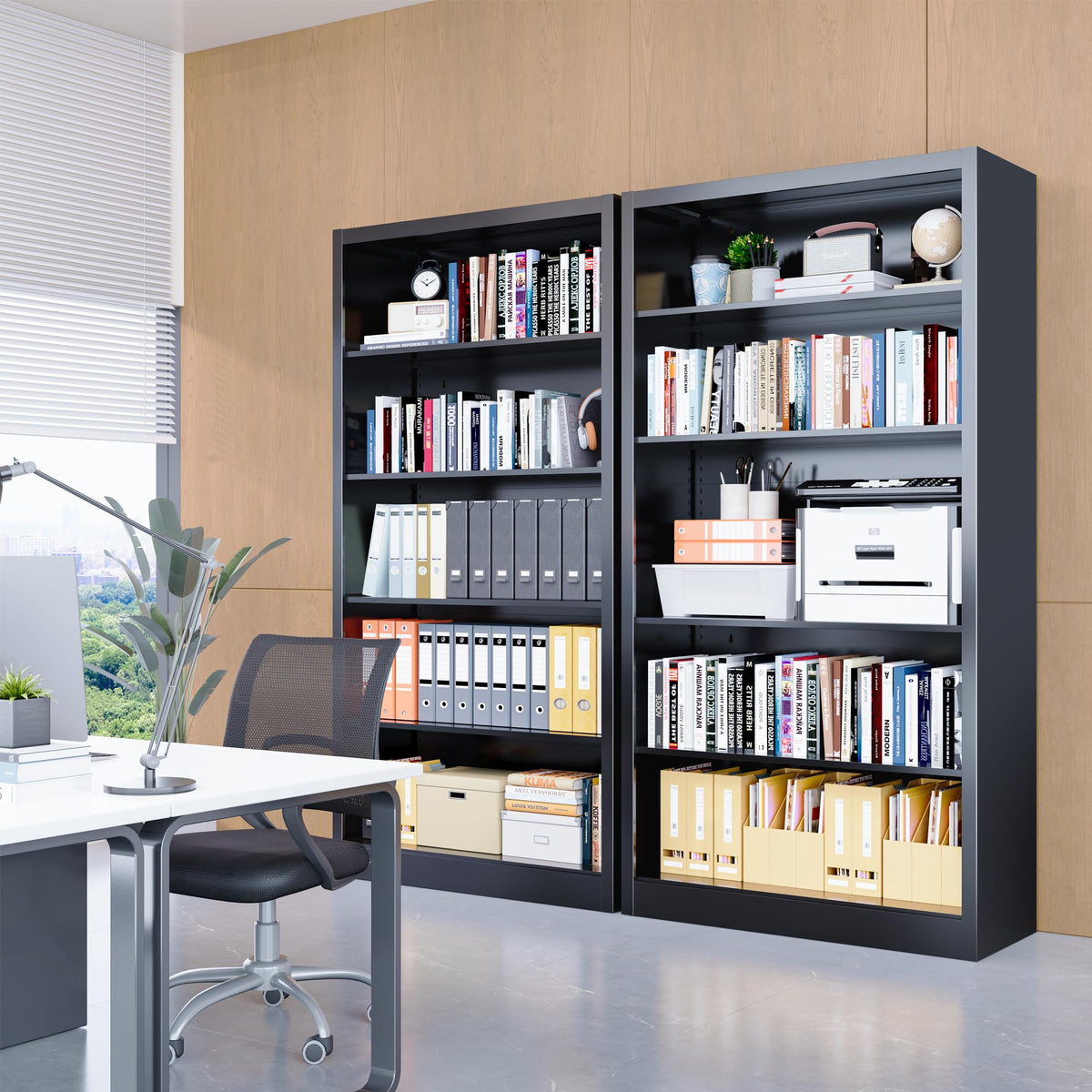 5 Tier Black Metal Bookcase with Adjustable Shelves L570