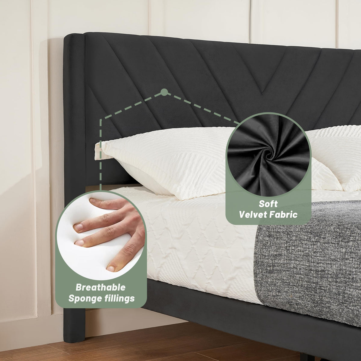Queen Size Velvet Platform Bed Frame with Headboard L2006