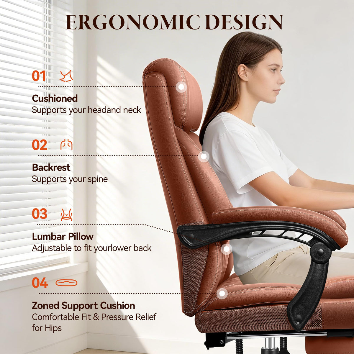 Big and Tall Brown Leather Office Chair with Footrest G378778