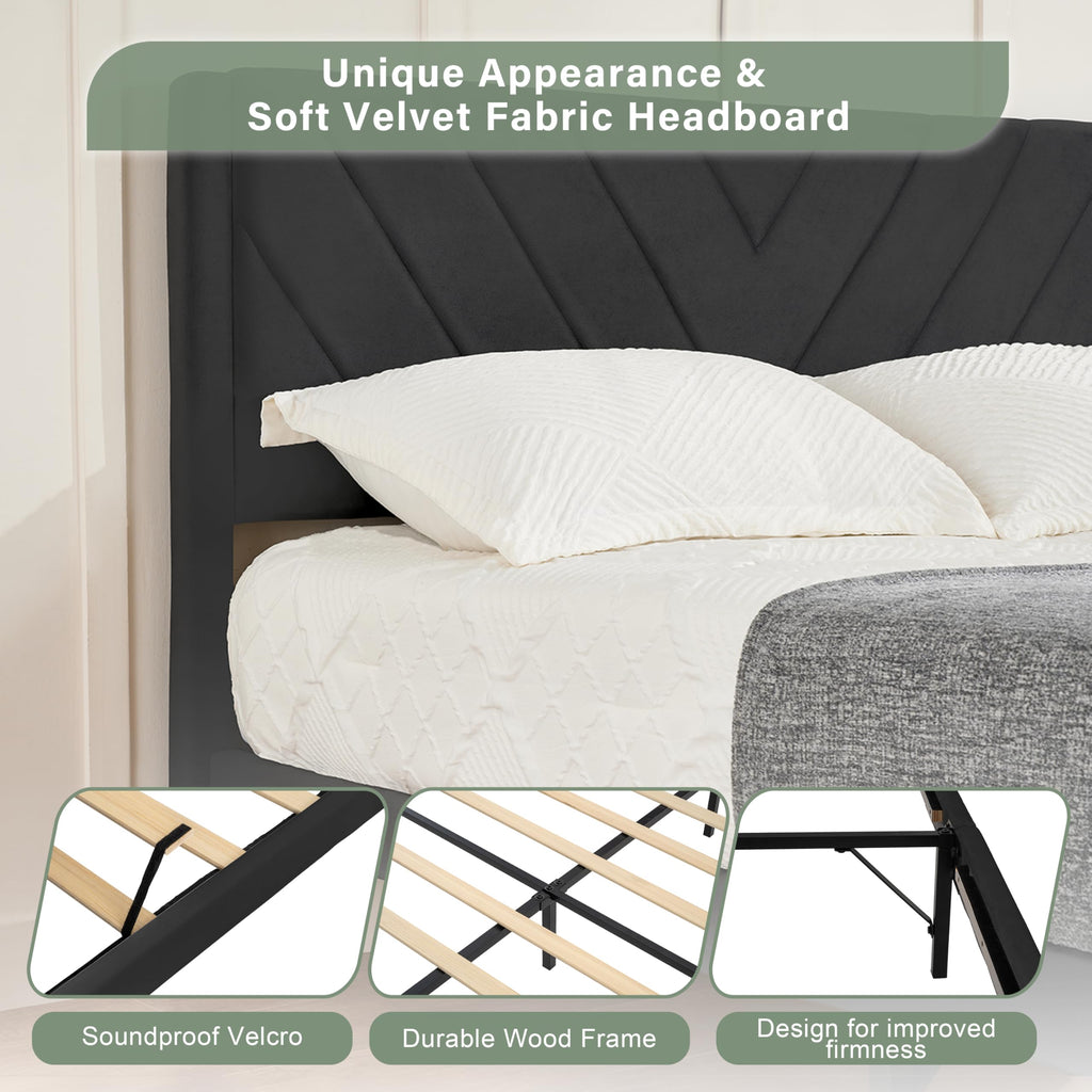 Queen Size Velvet Platform Bed Frame with Headboard L2006