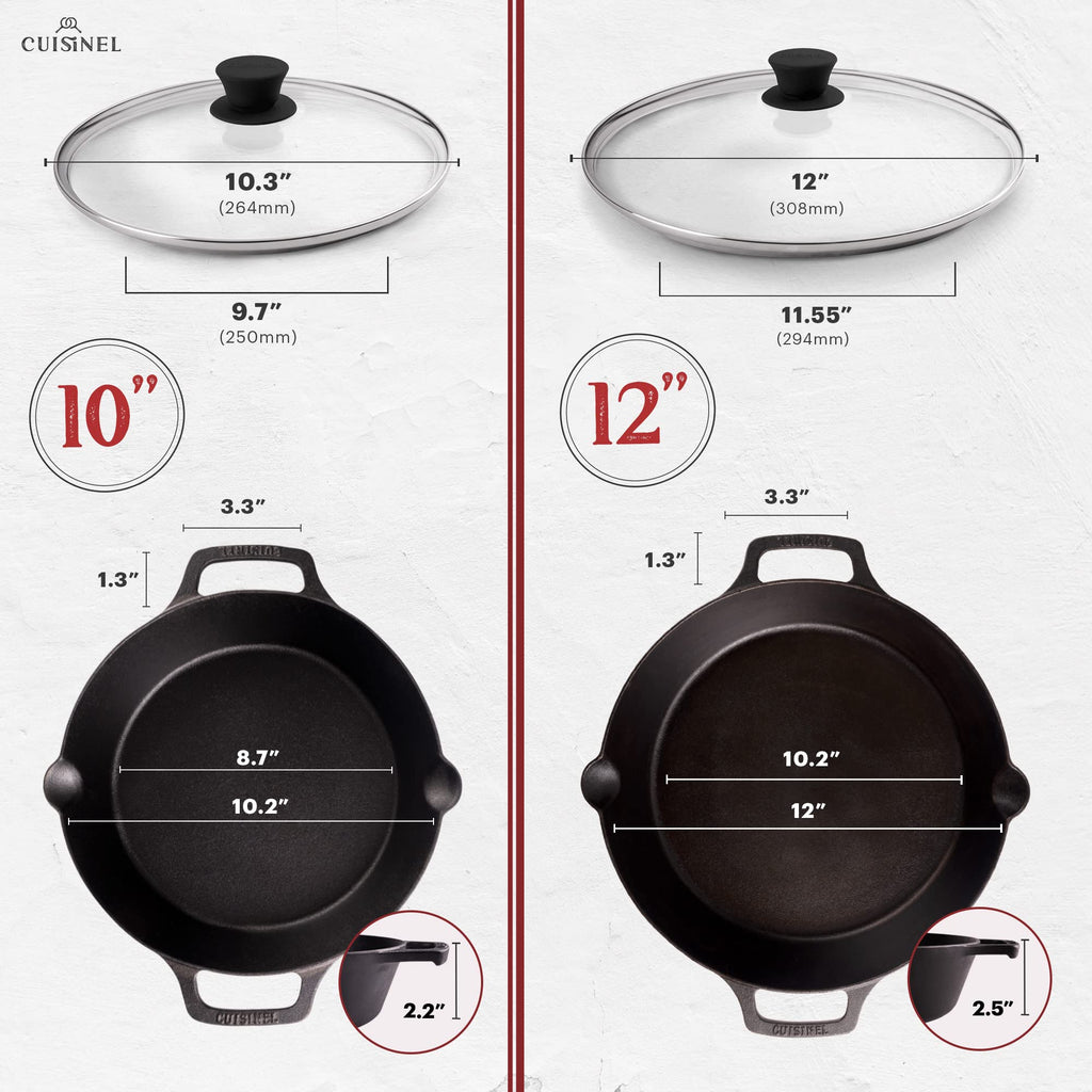 Cast Iron Skillet Set 10" + 12" Dual Handle Frying Pans with Glass Lids Pre-seasoned Oven Safe Cookware U63048