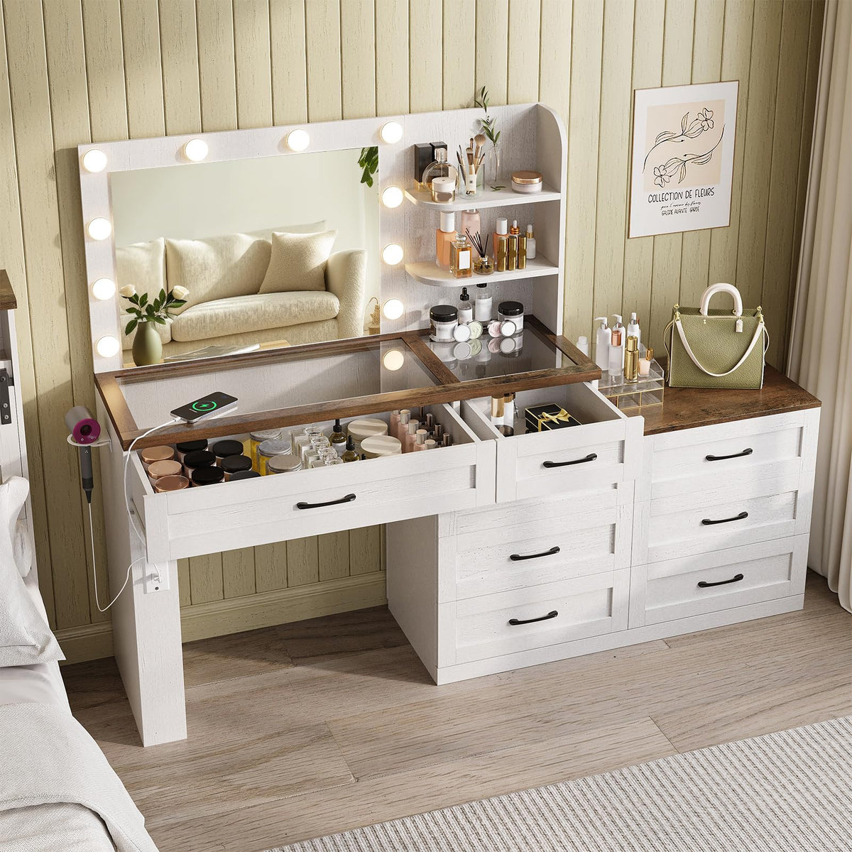 Antique White 6-Drawer Vanity Desk V3789