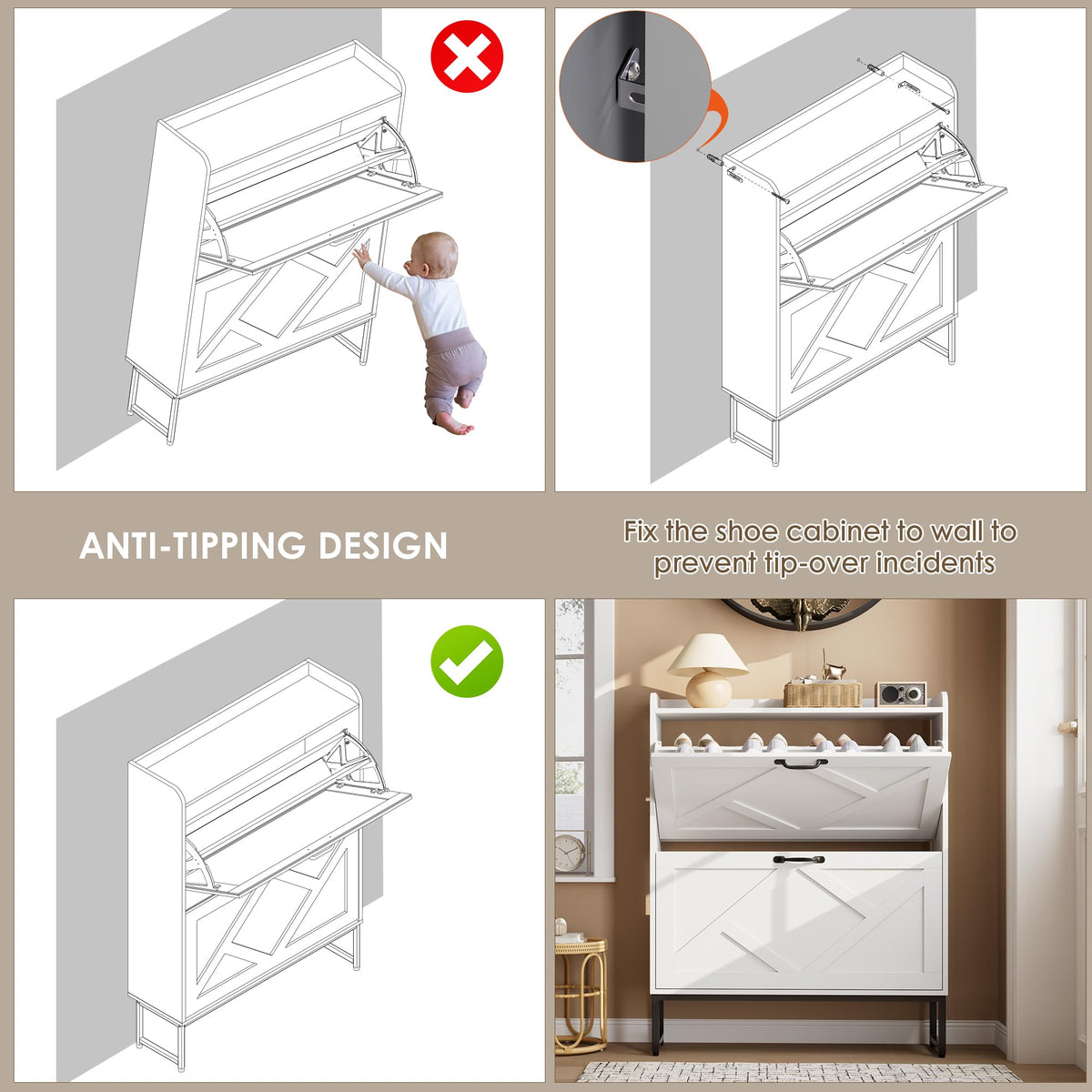 White 2 Flip Drawer Shoe Storage Cabinet K24599