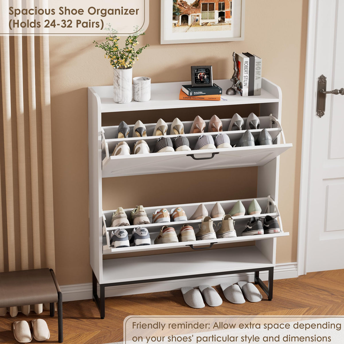 White 2 Flip Drawer Shoe Storage Cabinet K24599