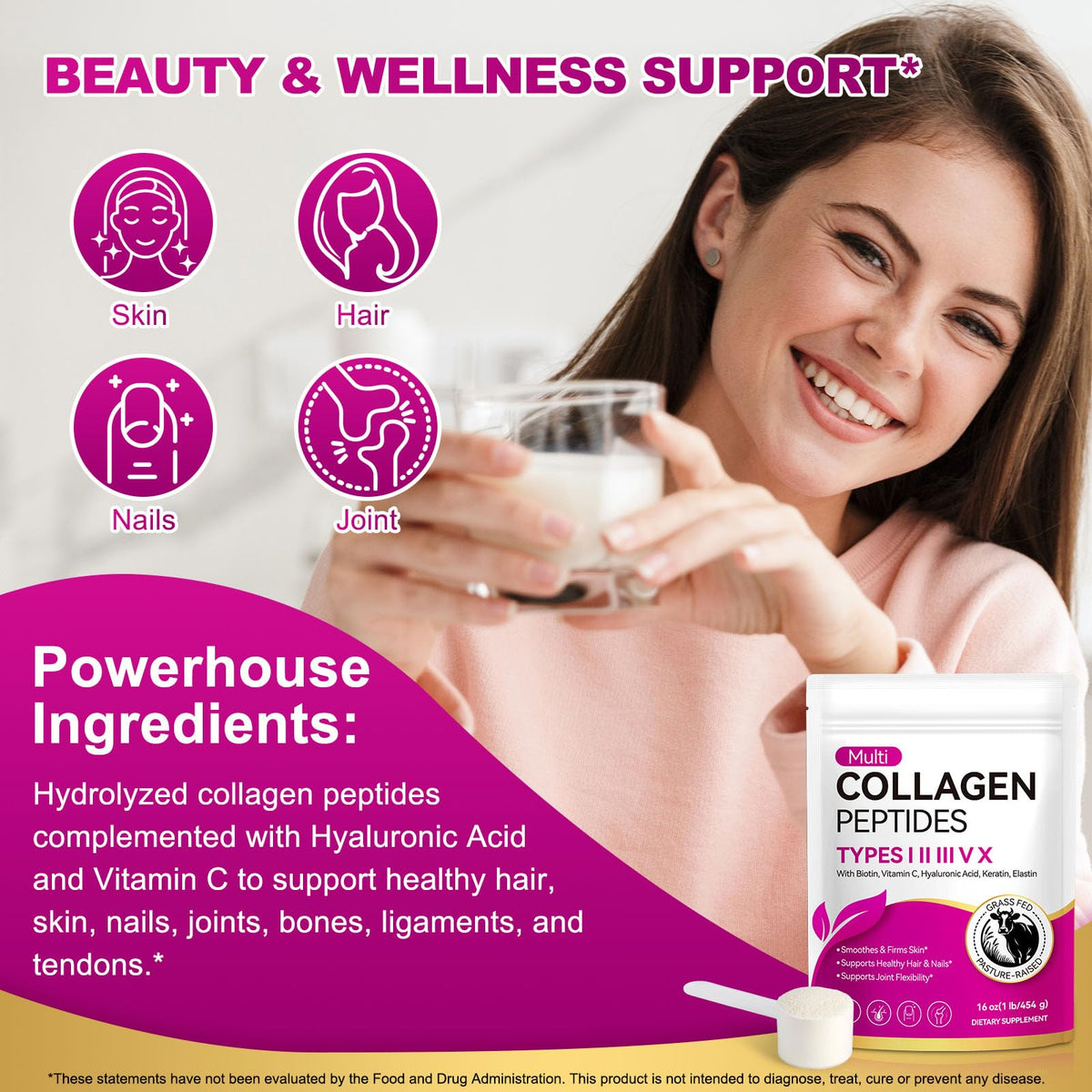Multi Collagen Peptides Powder Types I II III V X 16 Oz Hydrolyzed with Biotin Unflavored V56465