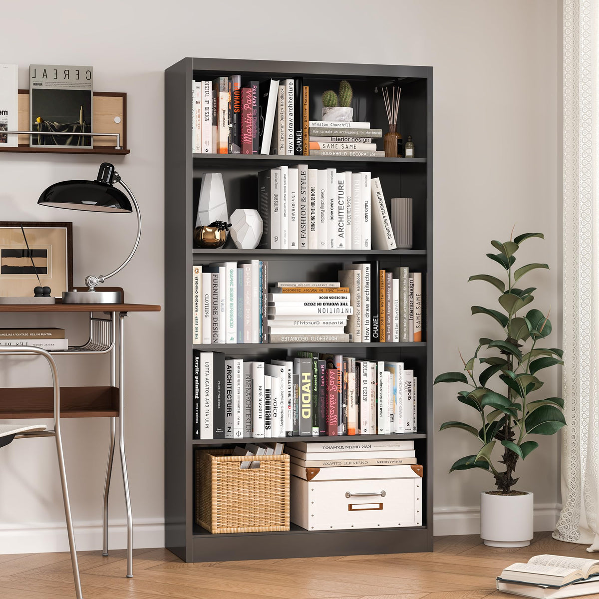 5 Tier Black Metal Bookcase with Adjustable Shelves L570