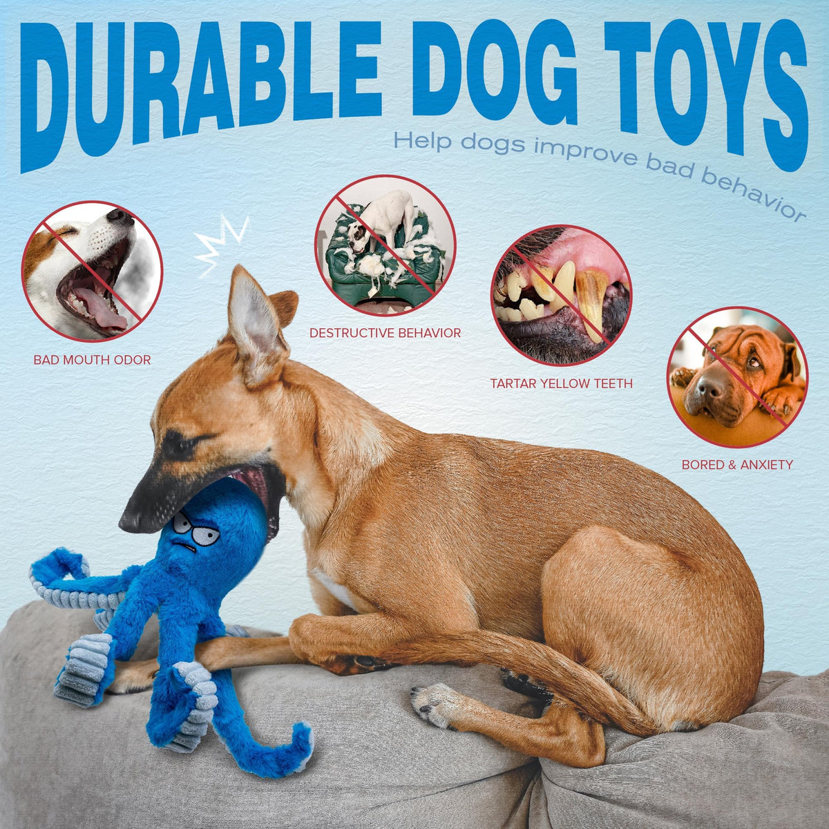 Stuffed Squeaky Crinkle Blue Octopus Dog Toy C58490
