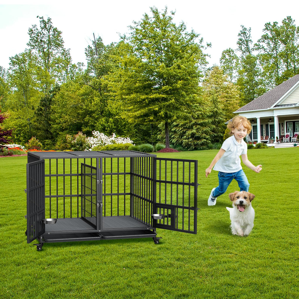 42 inch Heavy Duty Metal Dog Crate with Removable Tray and Wheels O1547