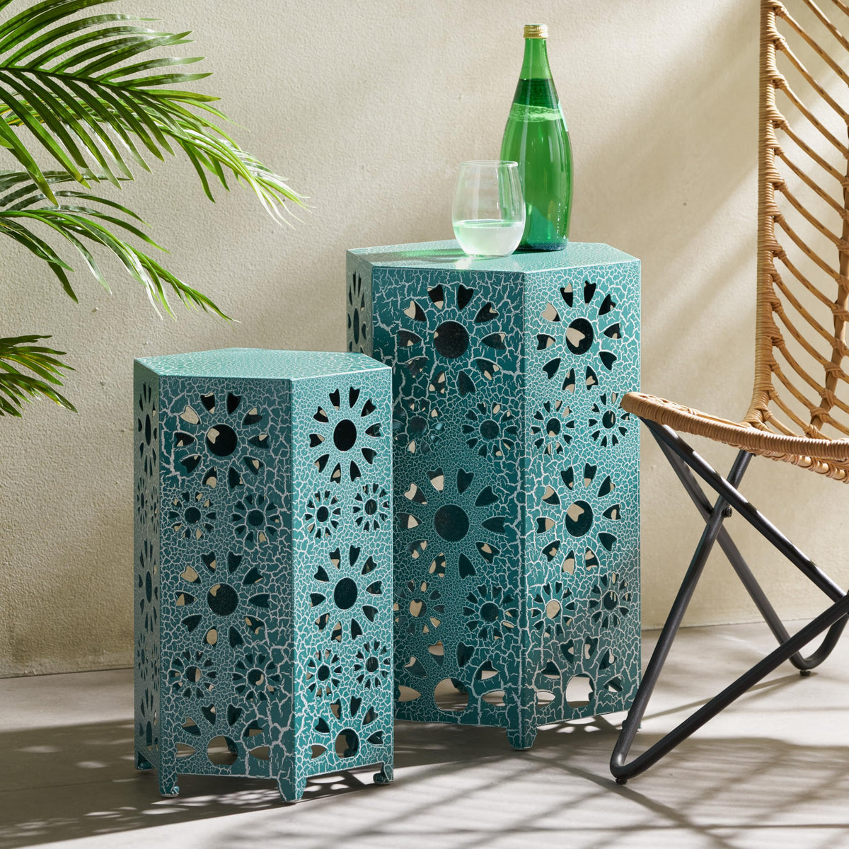 Teal Metal Garden Stool Side Table T899153