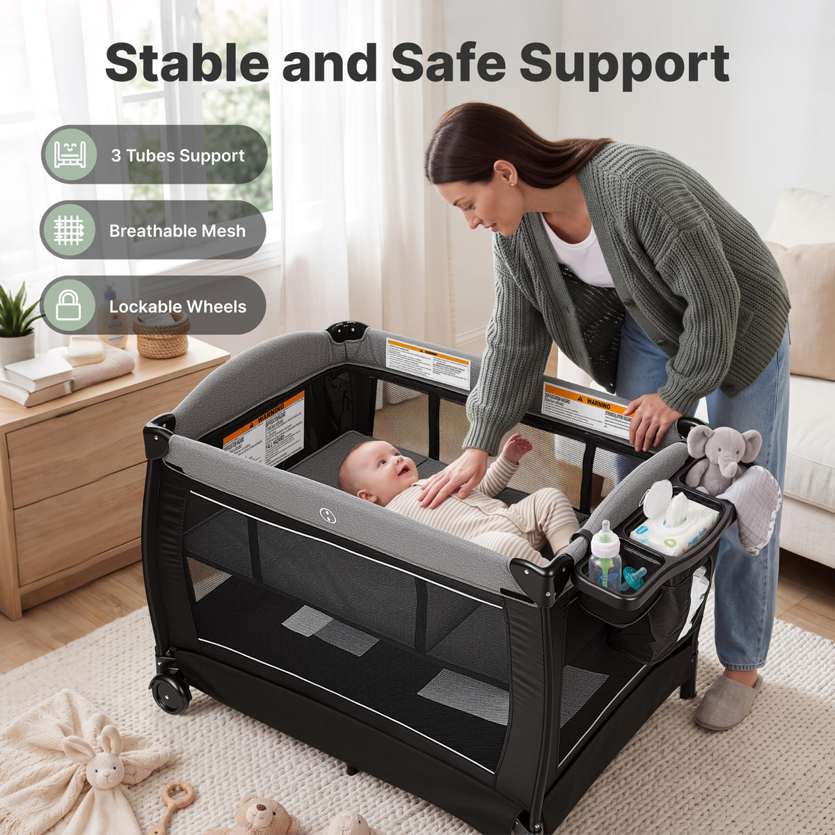 4-in-1 Pack and Play with Bassinet, Playpen, Diaper Changer, Black L83441