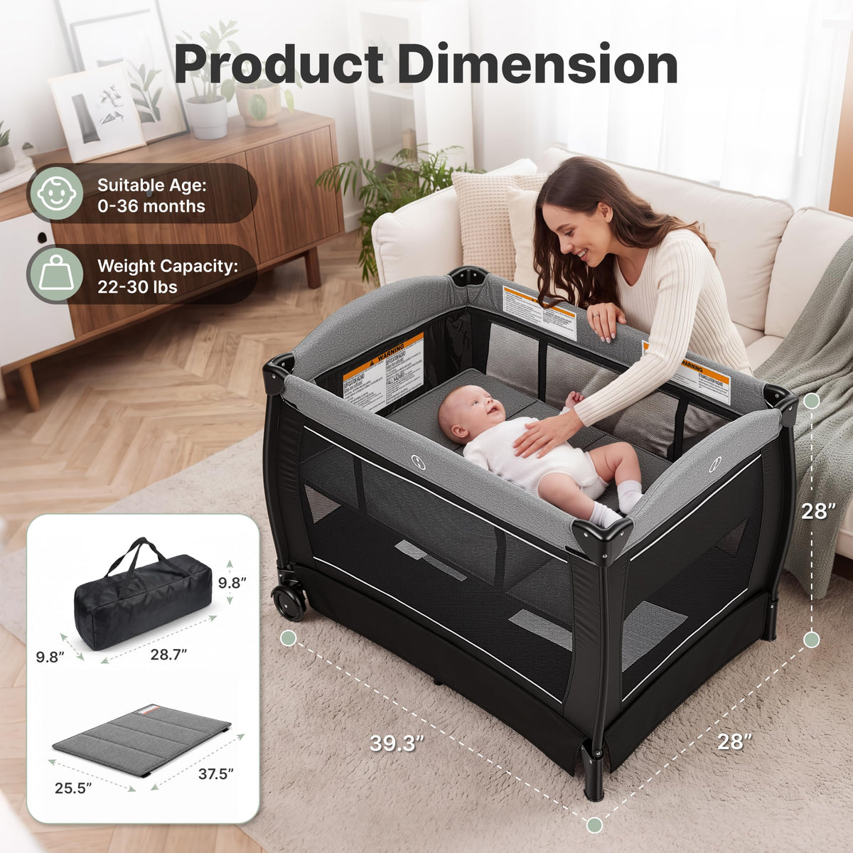 4-in-1 Pack and Play with Bassinet, Playpen, Diaper Changer, Black L83441