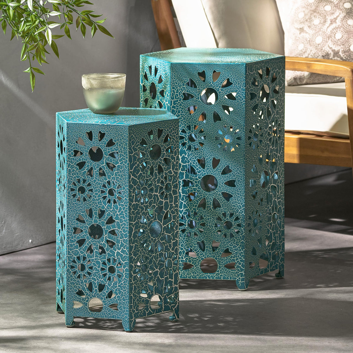 Teal Metal Garden Stool Side Table T899153