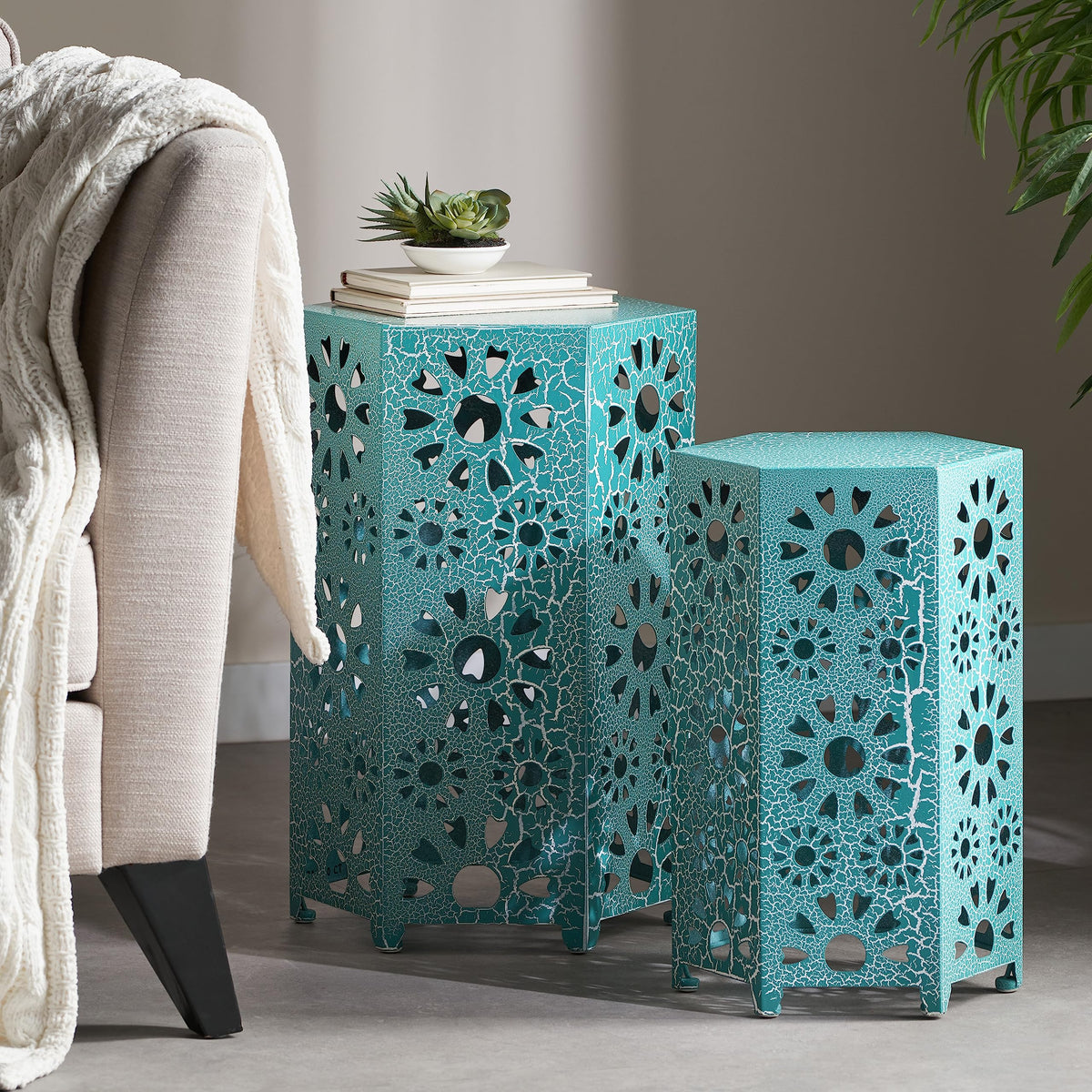 Teal Metal Garden Stool Side Table T899153
